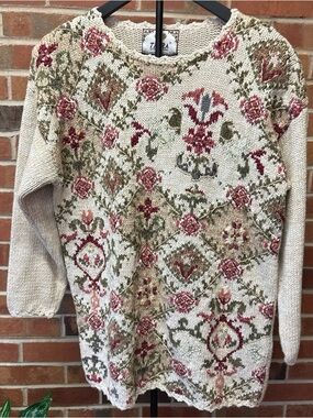 Tiara Cream Floral & Geometric Knit Sweater with Rose Accents